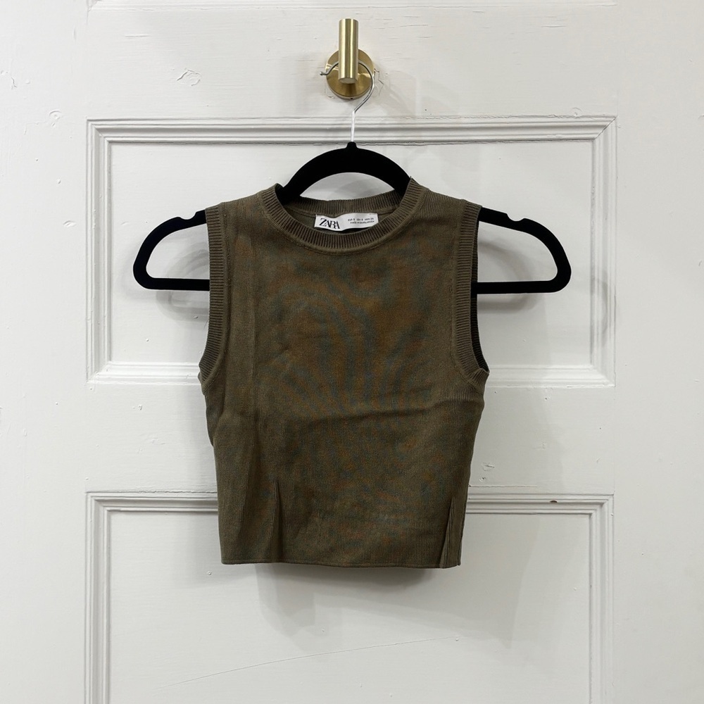 NWOT ZARA Army Green Ribbed High Neck Cropped Sleeveless Tank Top - Sz Small - Picture 7 of 11
